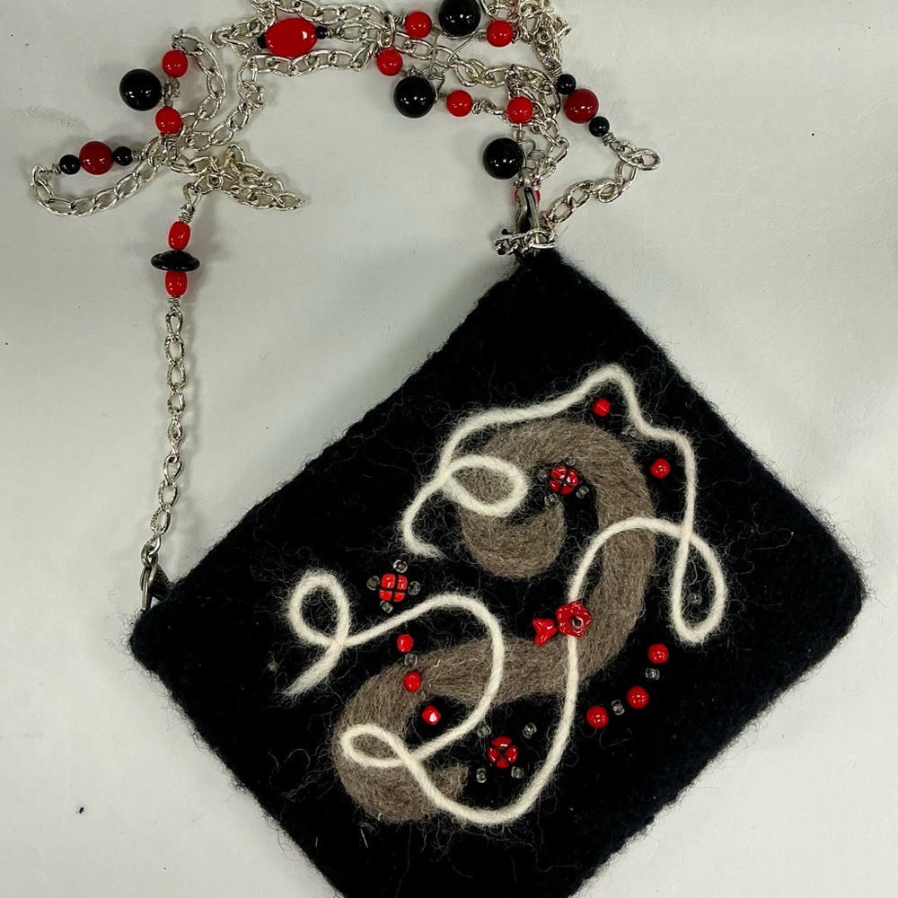 Black Felted Crossbody Bag with Red and White Accents